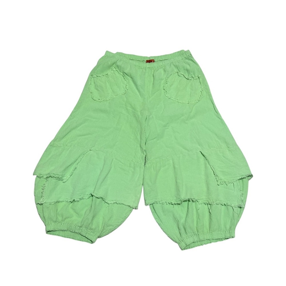 Green Cotton Gauze Balloon Pants Wide Leg Boho Lagenlook Elastic Waist Size L - Picture 2 of 10